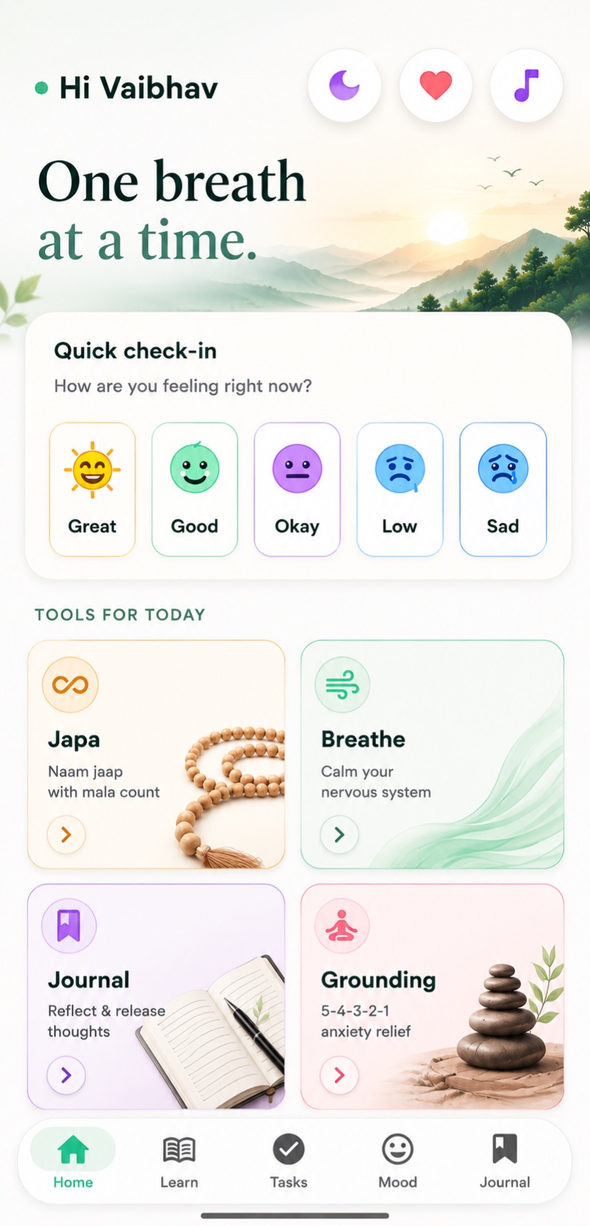 The Sahaj app home screen: a daily mood check-in above quick tools for Japa, breathwork, journalling, and grounding